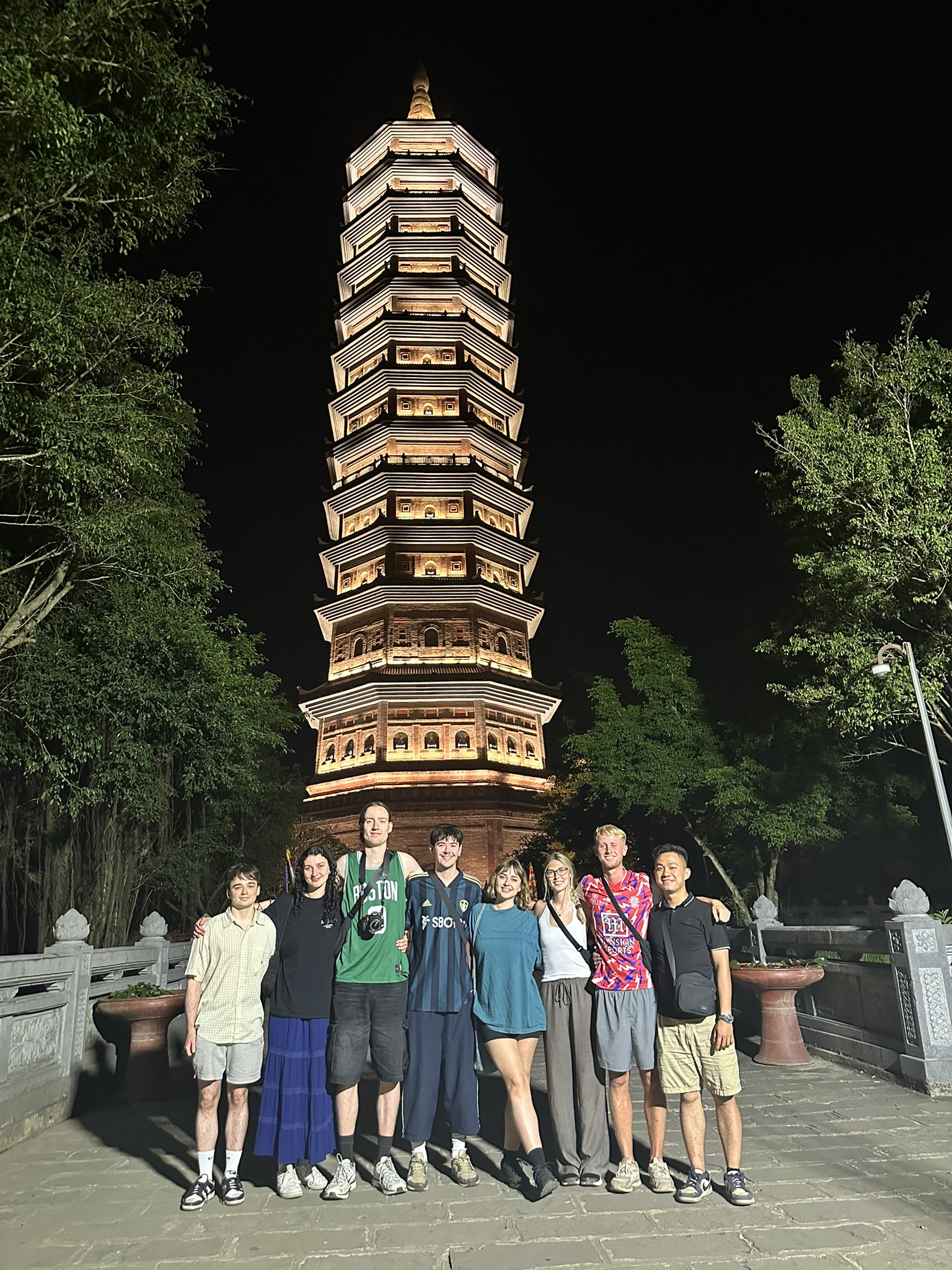13-story Bao Thap Tower lit as a beacon in the night